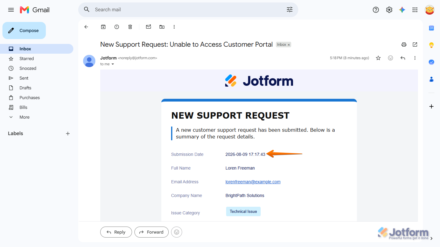 Notification email with the submission date sent from Jotform form submission