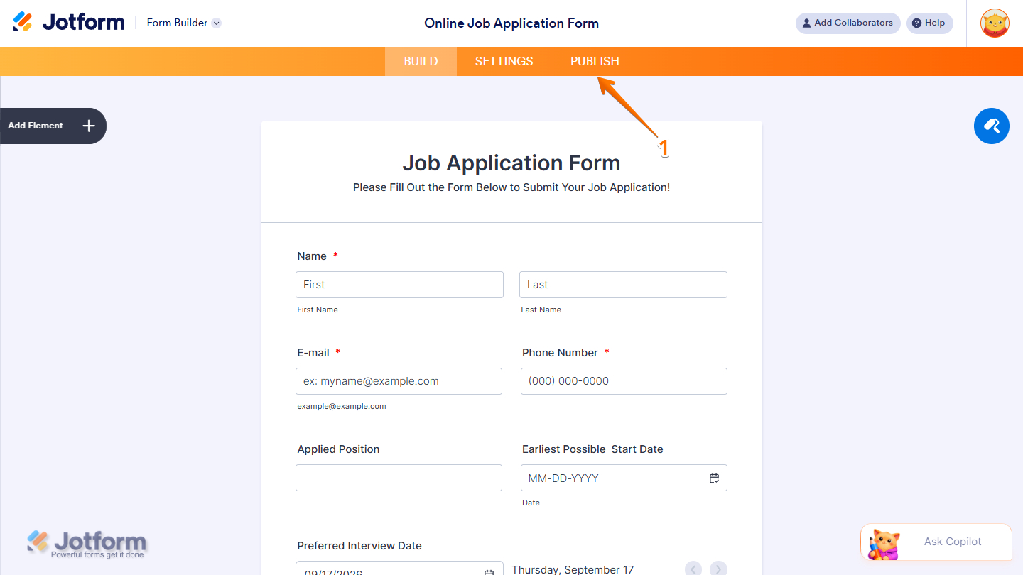 Publish tab of the Jotform Form Builder