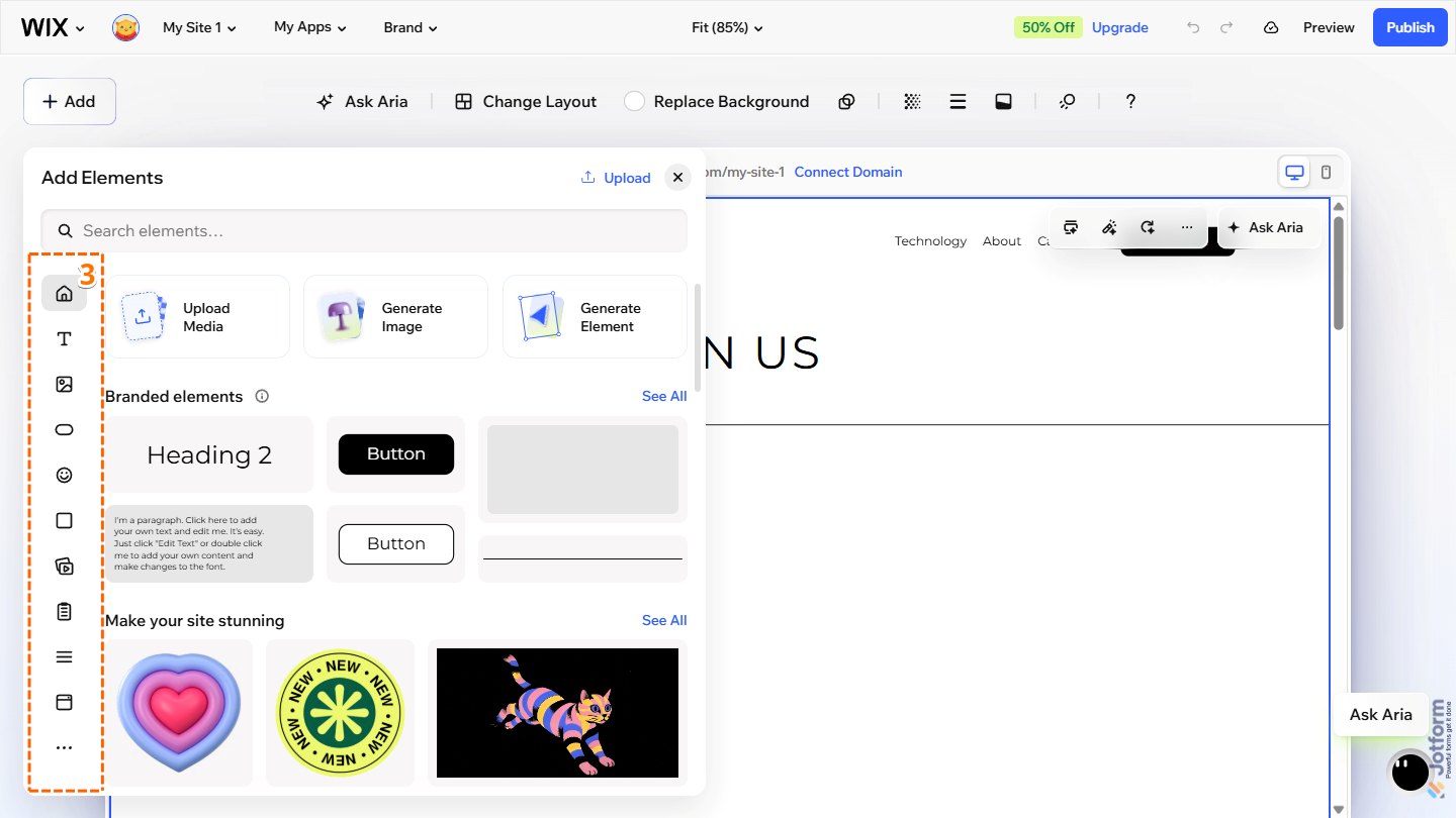 Add Elements menu of the Wix Harmony Editor