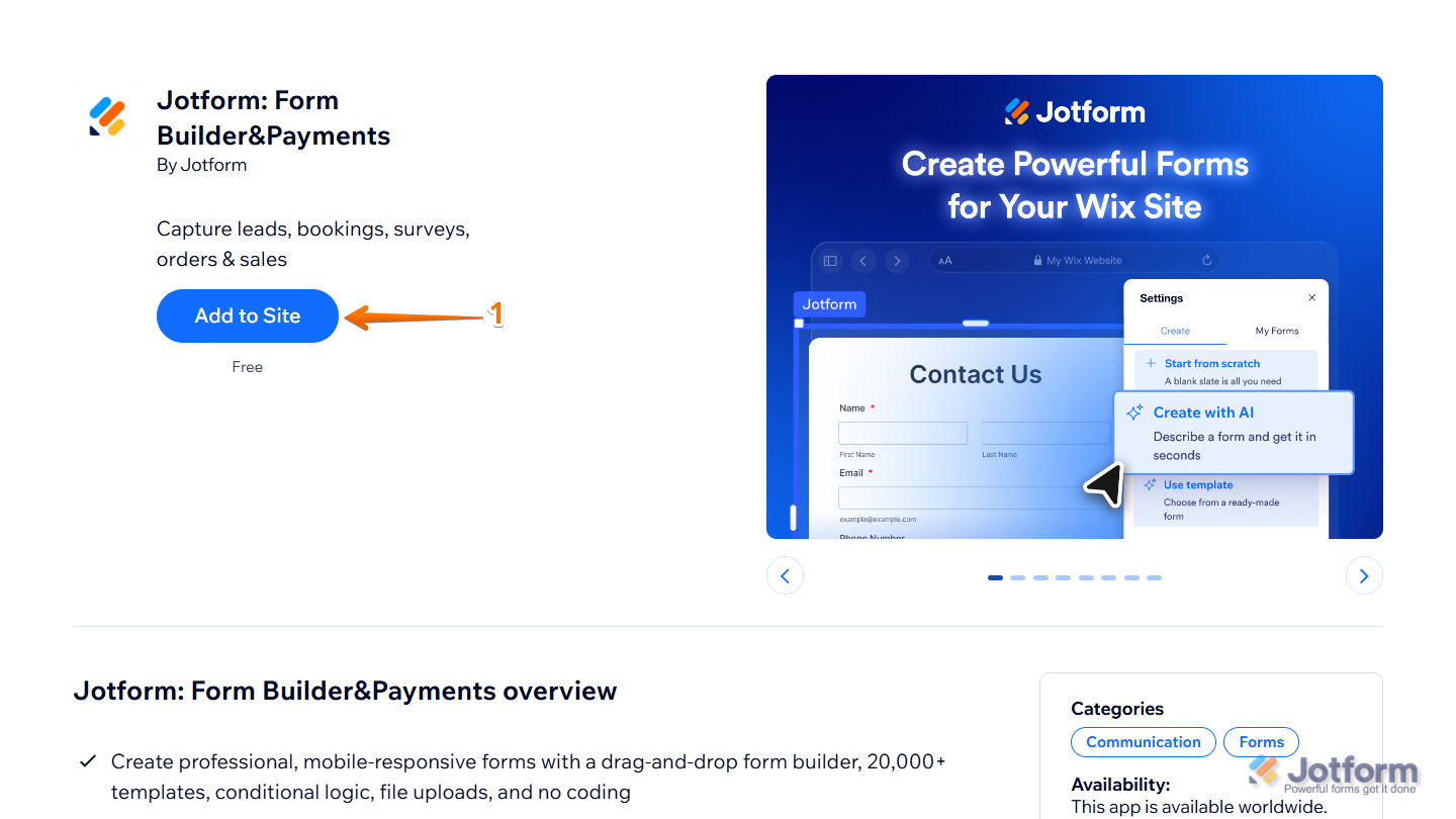 Add to Site button in Jotform Wix Plugin page