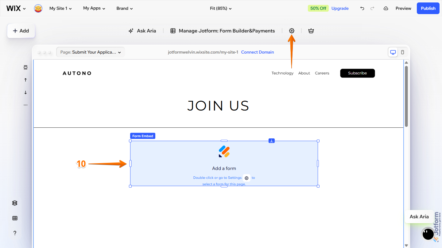 Add a Form in the Jotform Wix Plugin settings