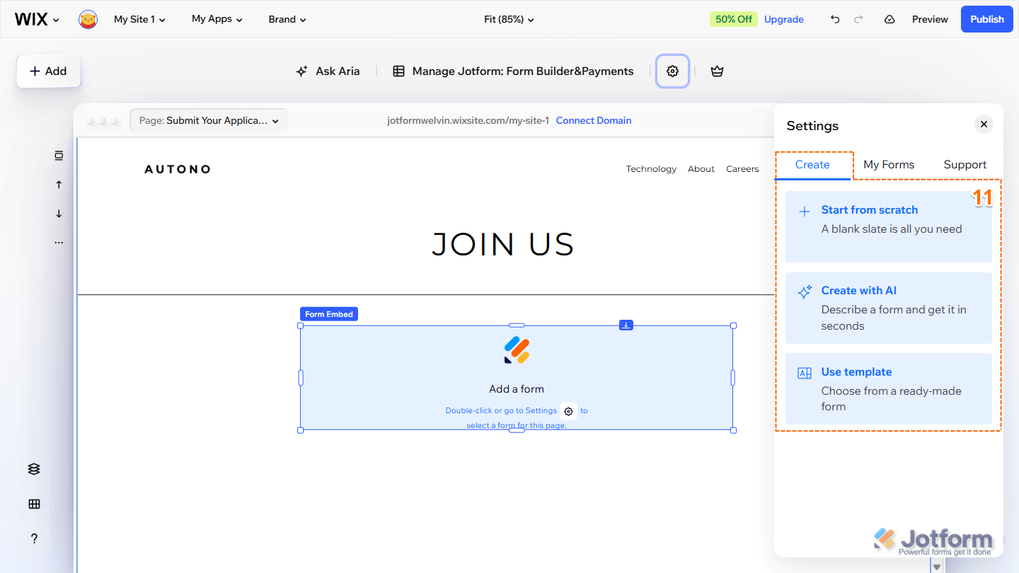 Create tab of Settings menu of the Jotform Wix Plugin