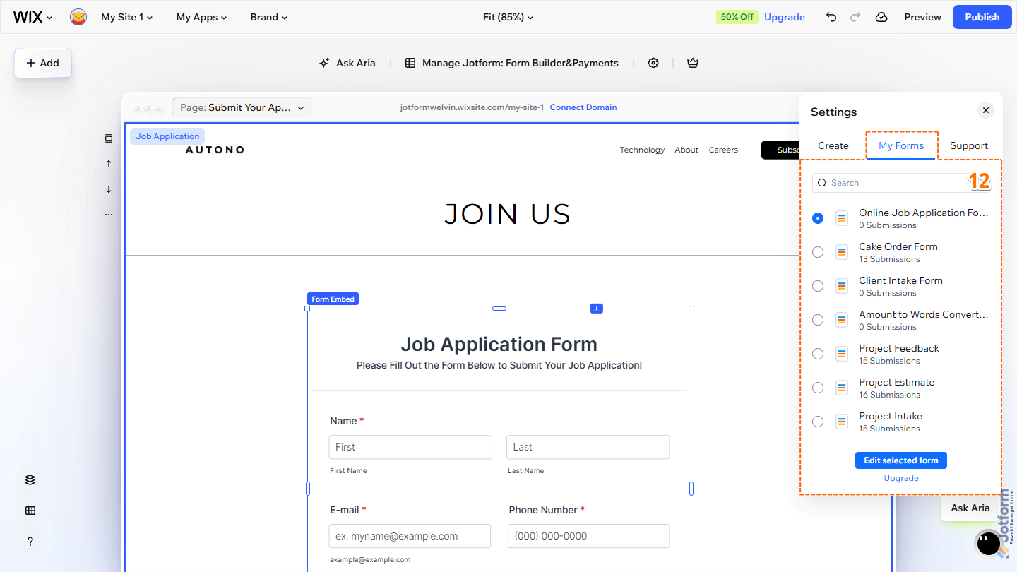 My Forms tab of the Settings menu of the Jotform Wix Plugin