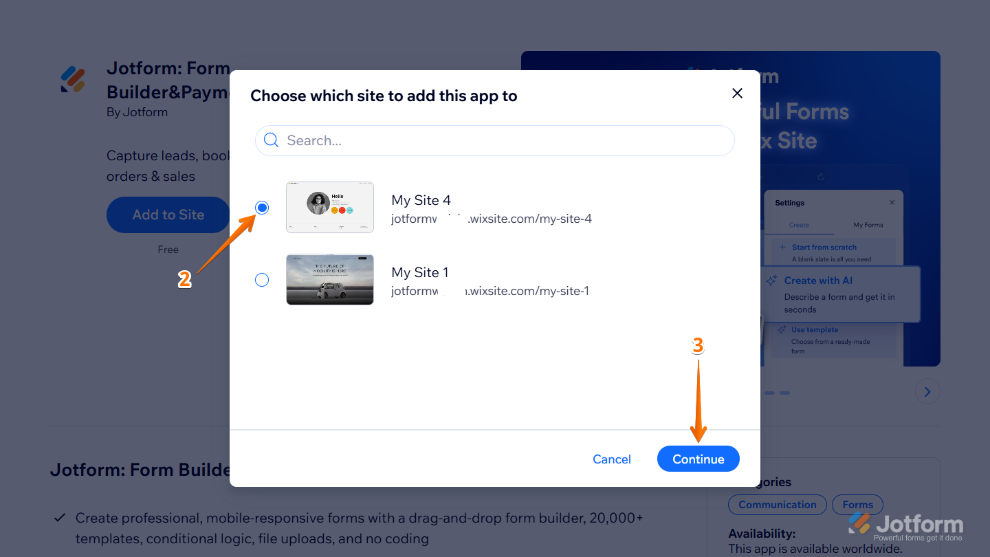 Select Site window in Jotform Wix Plugin set up