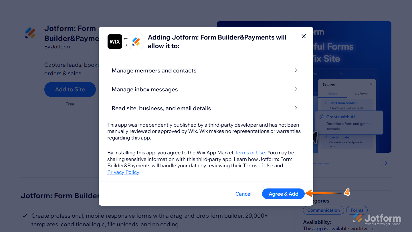Agree & Add button in the Permission Screen of the Jotform Wix Plugin