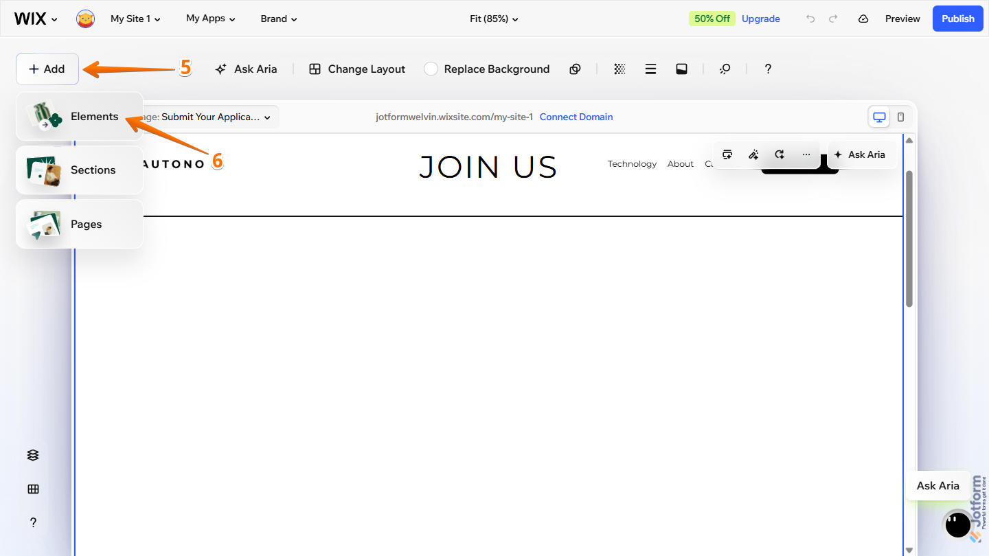Add Element button in Wix Harmony Editor