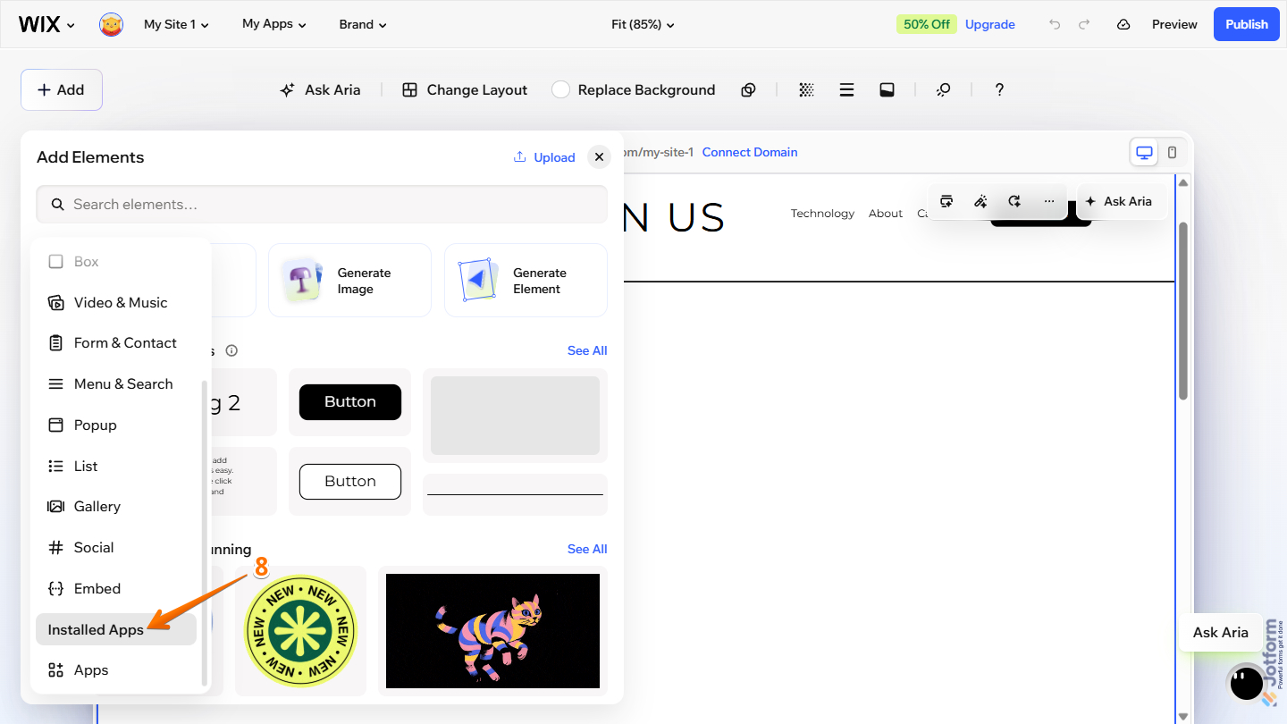 Installed Apps option in the Add Elements window of Wix Harmony Editor