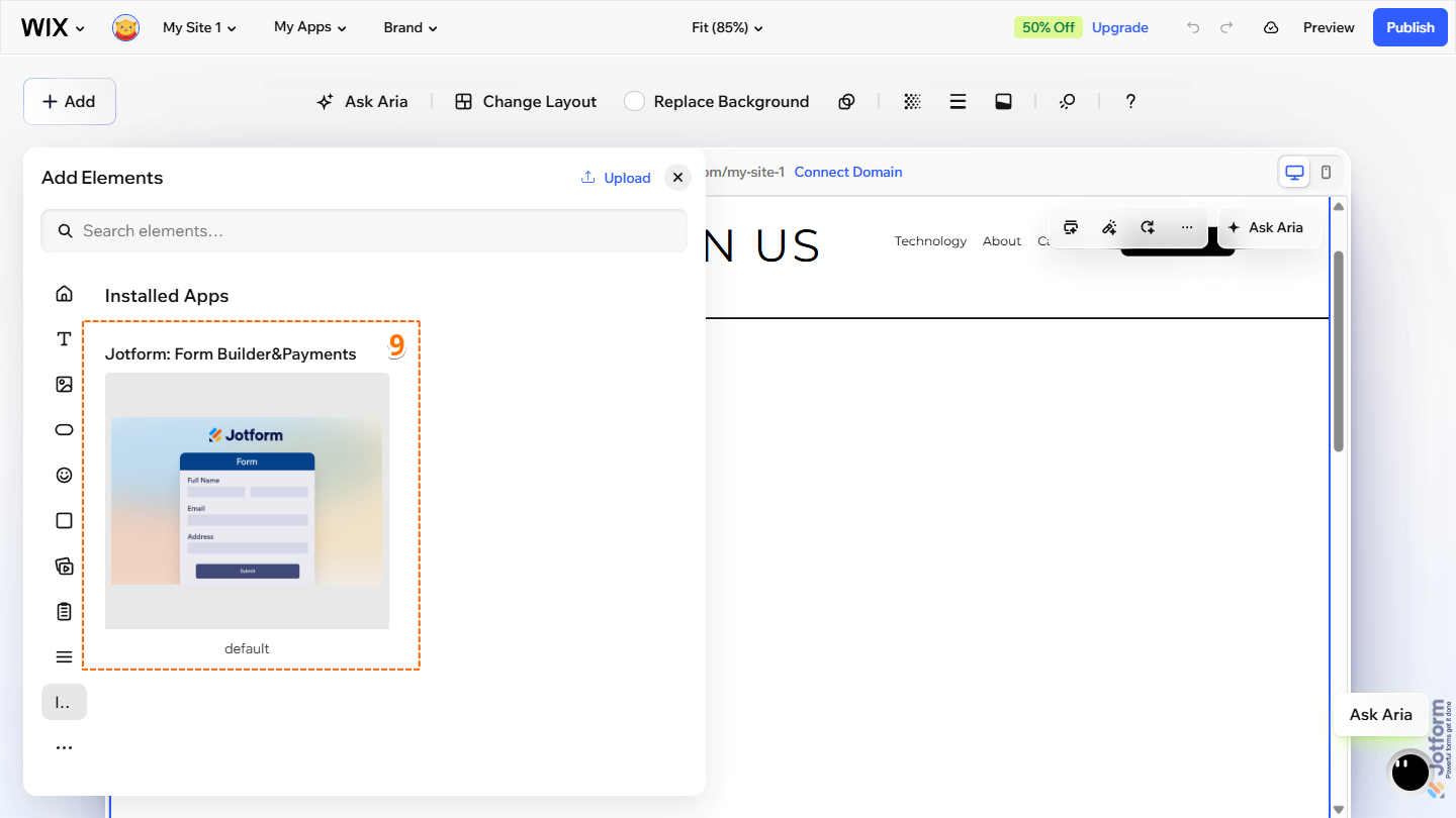 Jotform Wix Plugin in the Installed Apps window of the Wix Harmony Editor