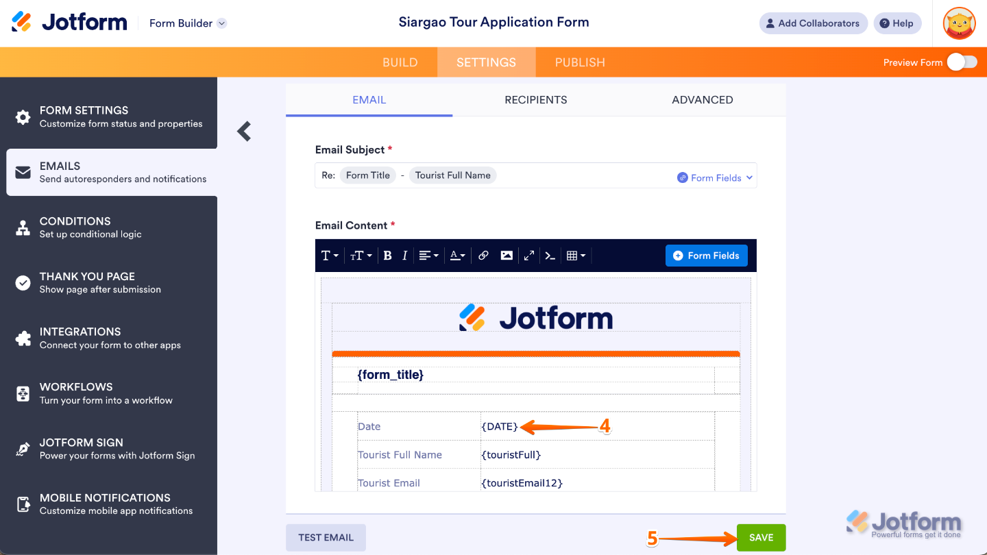 Jotform Form Settings, with the Emails tab clicked, showing the Notification Email content where the date tag was added