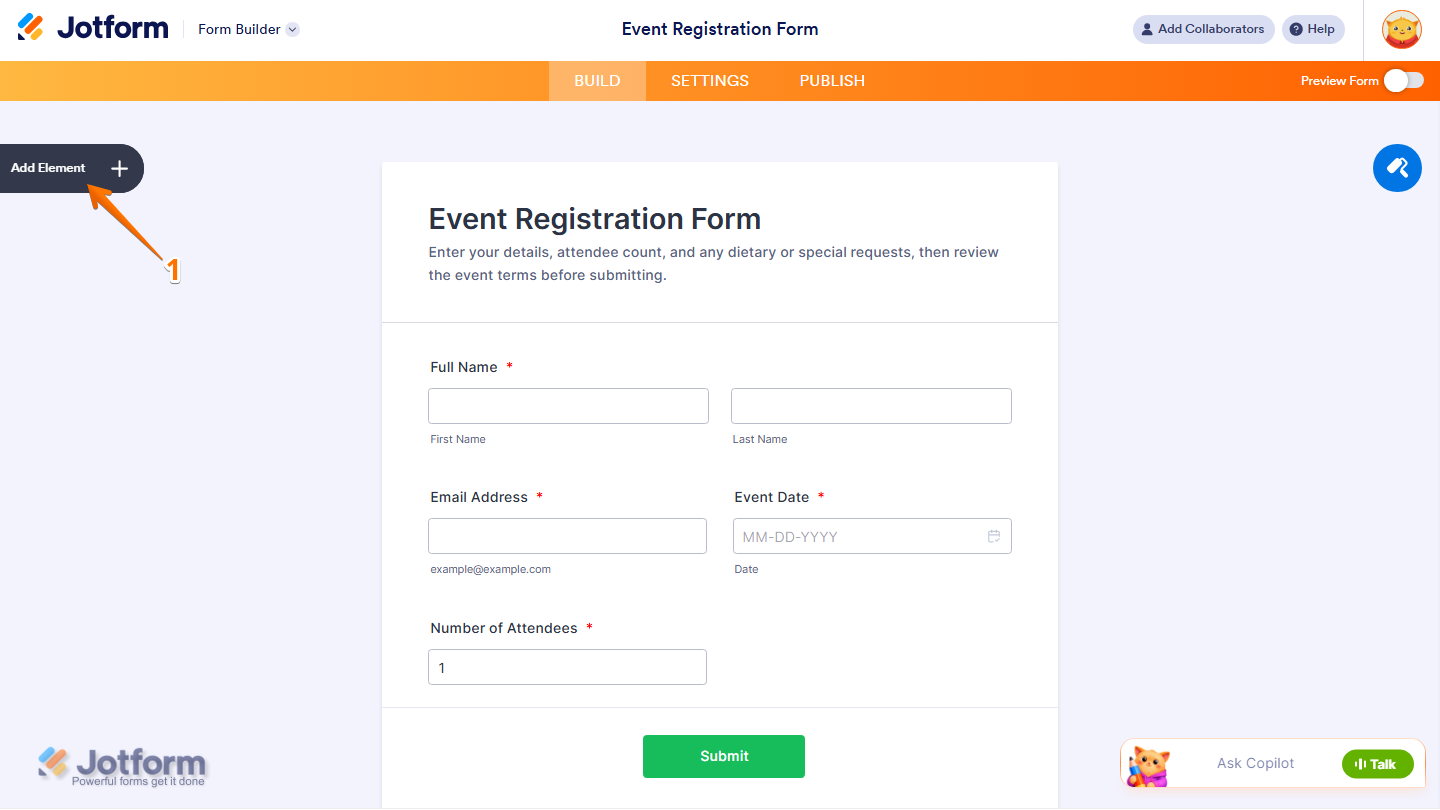 Jotform Form Builder with the Add Element button highlighted on the left side of the page for adding a new form element