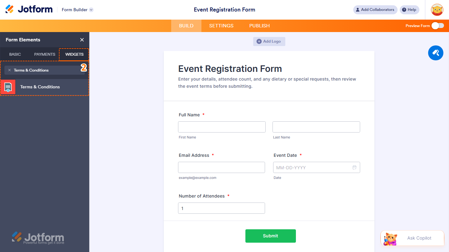 Jotform Form Elements menu under the Widgets tab showing the Terms and Conditions widget in the search results, ready to be selected or dragged and dropped onto the form
