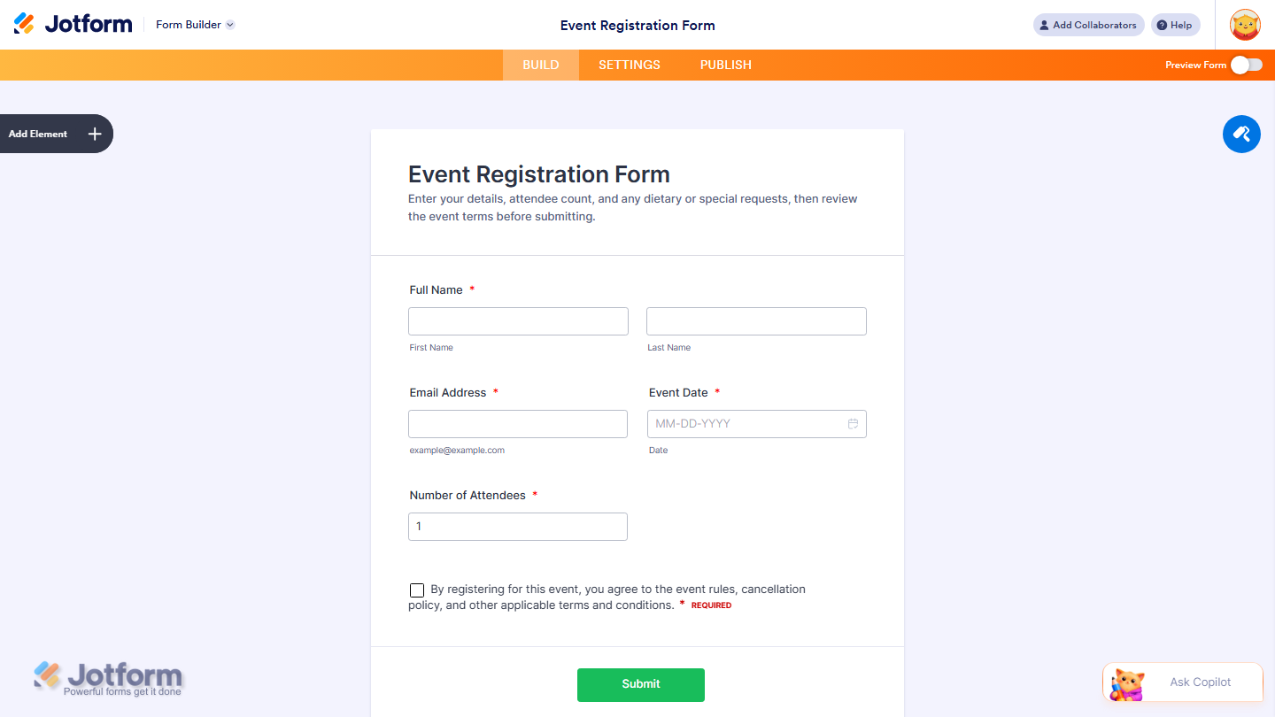 Jotform Form Builder showing the successfully added and configured Terms and Conditions widget on the form, with an agreement checkbox and terms link available for users