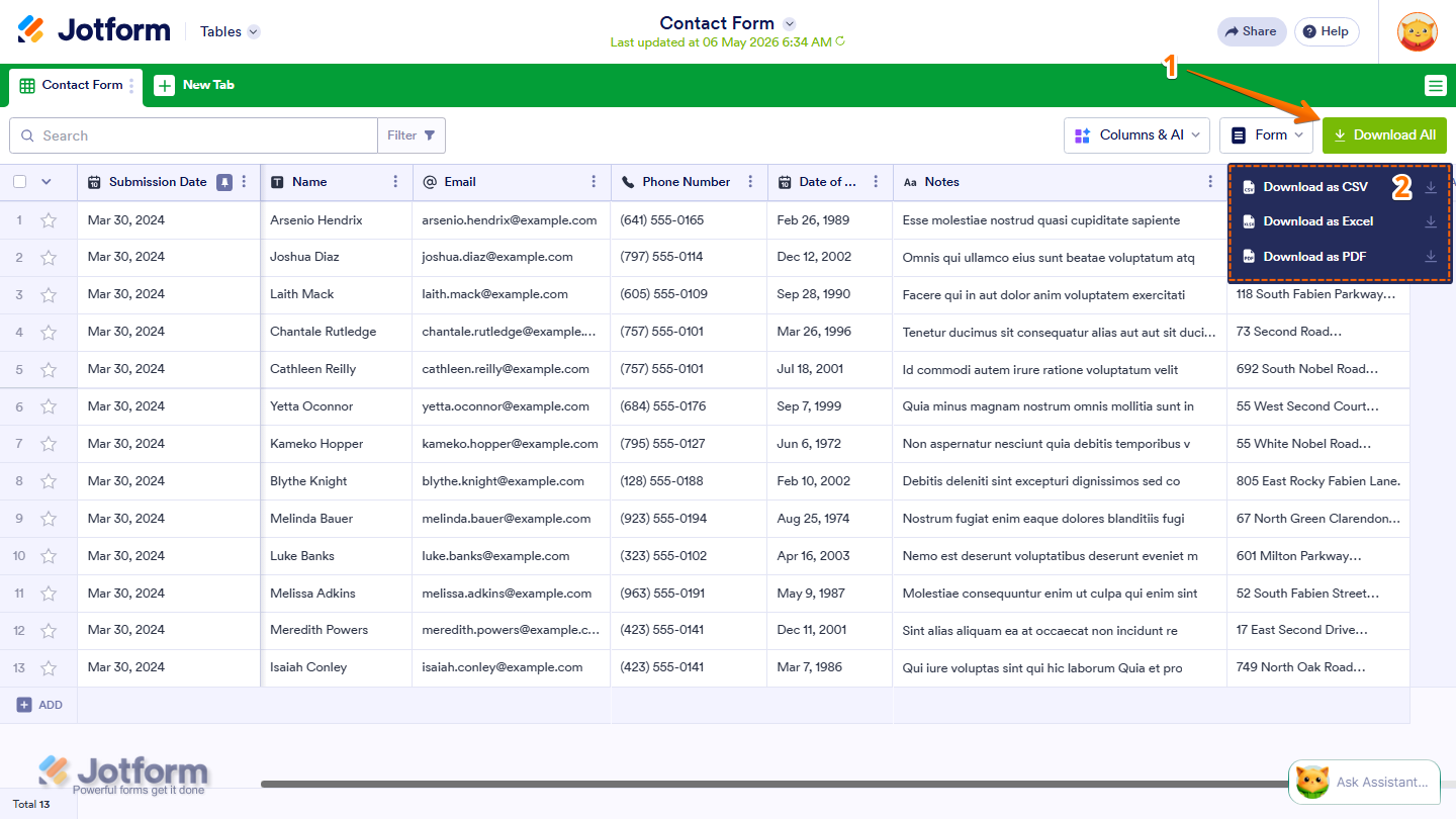 Jotform Tables Download All menu showing CSV Excel and PDF export options