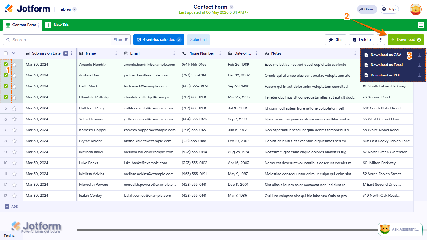 Jotform Tables showing selected entry checkboxes and Download All export options