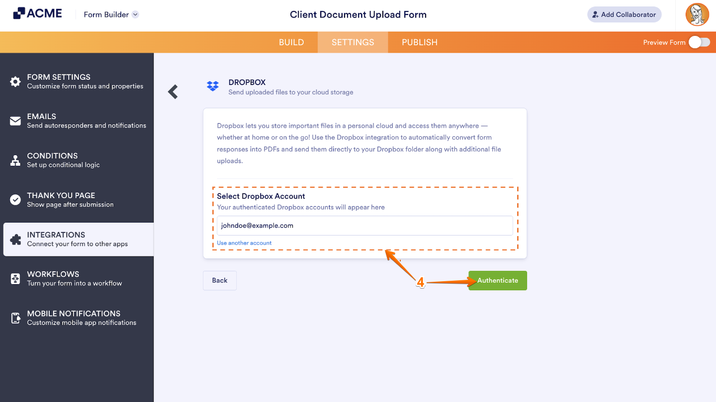 Dropbox integration settings showing dropdown to select a saved Dropbox account or authenticate a new one