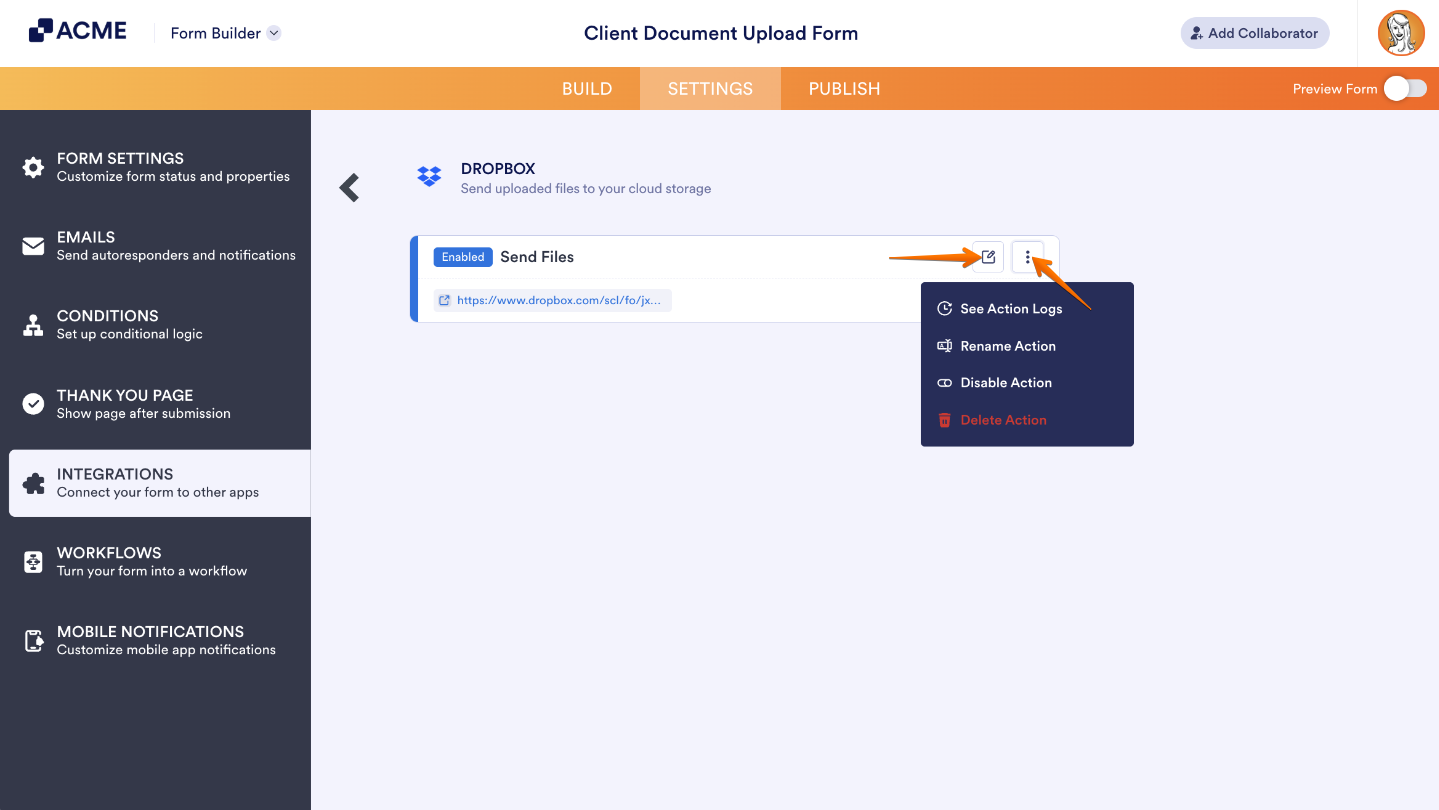 Dropbox integration main screen showing folder link, Edit Action icon, and More options menu for managing integration