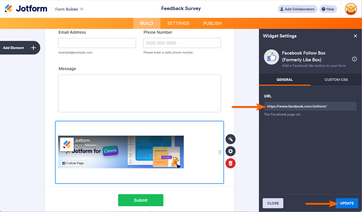 URL box in the Widget Settings of the Facebook Follow Box in Jotform