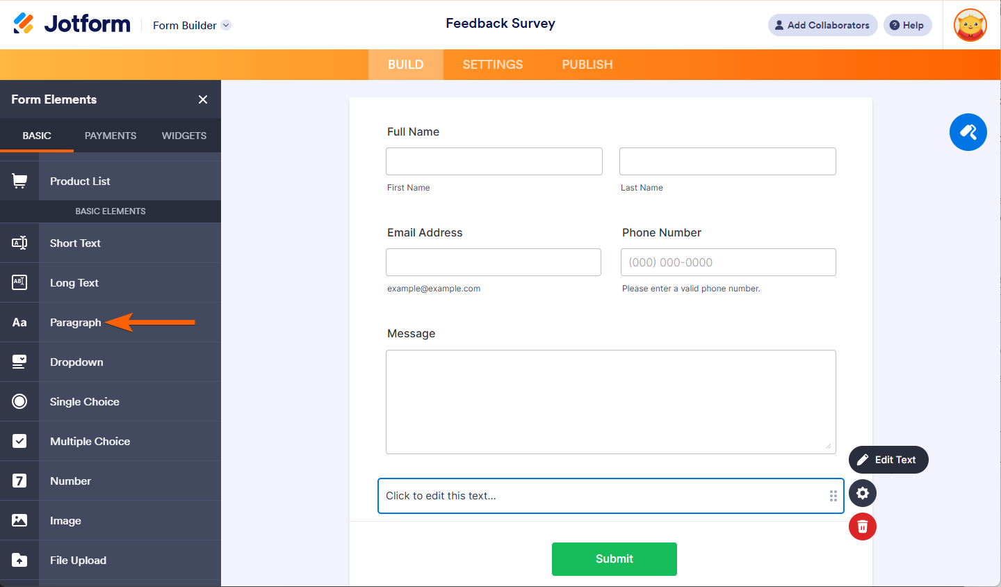 Paragraph element added to Jotform form