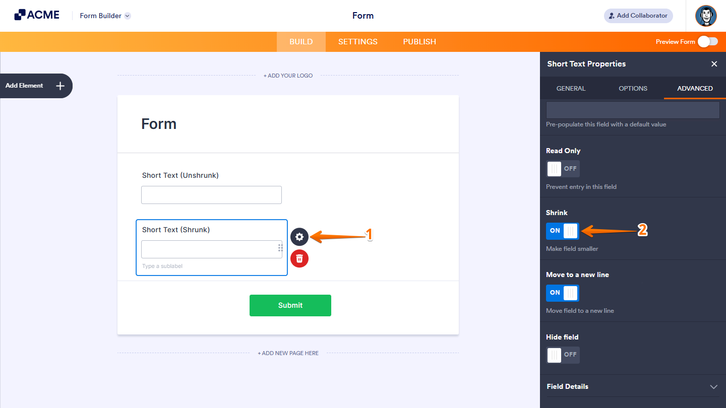 Enabling Shrink in the Advanced tab of the Short Text Properties in Form Builder