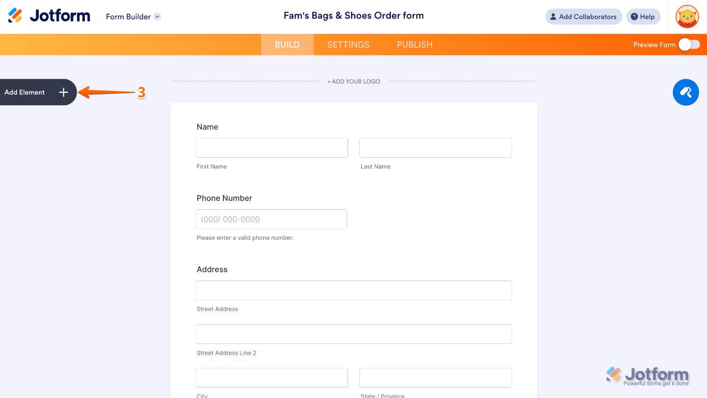 Form Builder interface showing the Add Element button on the left side of the page