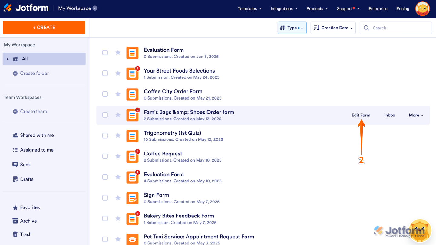 Workspace showing a user hovering over a form and clicking the Edit Form button on the right