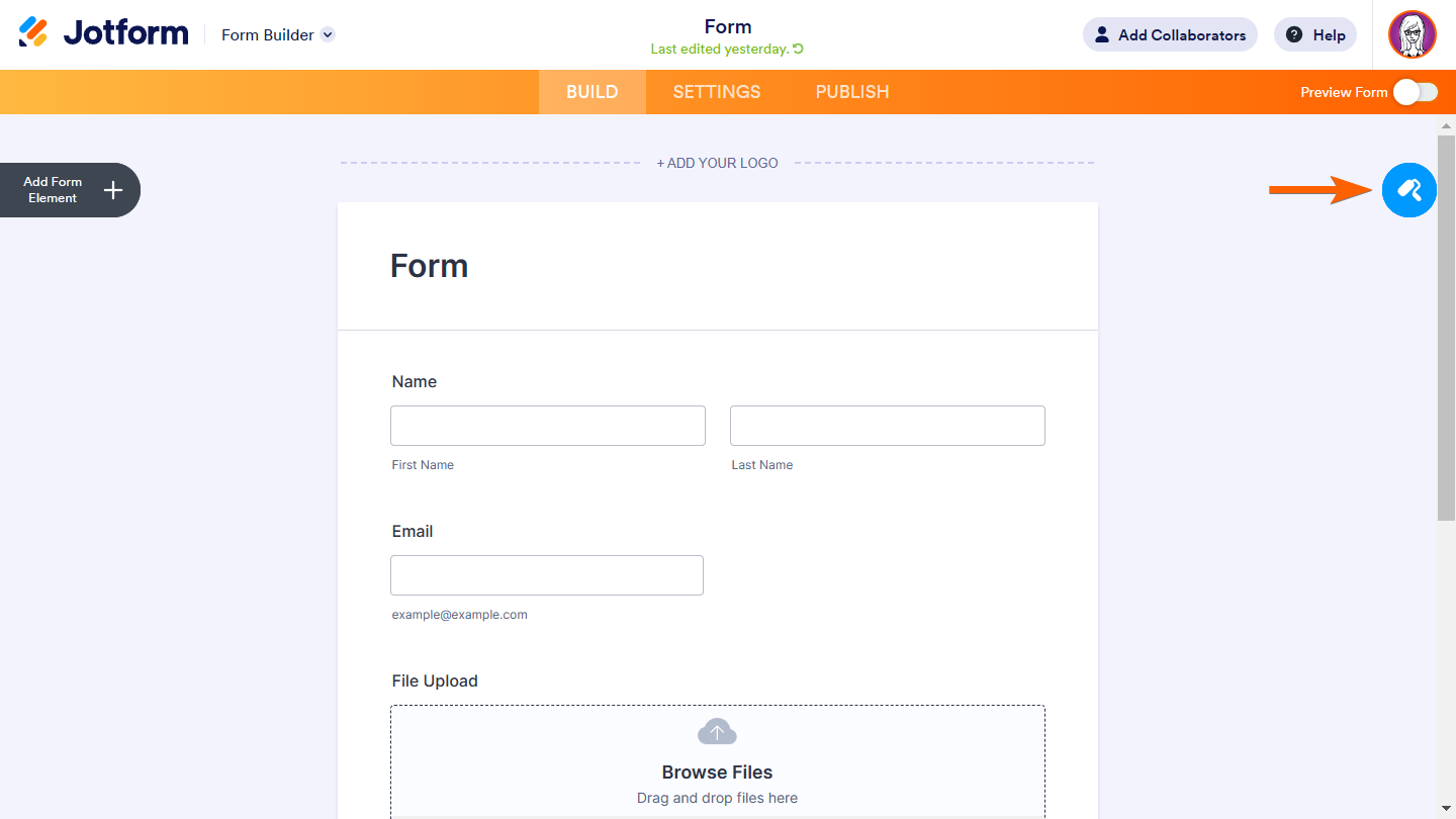 A screenshot of Form Builder with an arrow pointing to the paint roller icon    to open Form Designer Screenshot 20 Screenshot 20