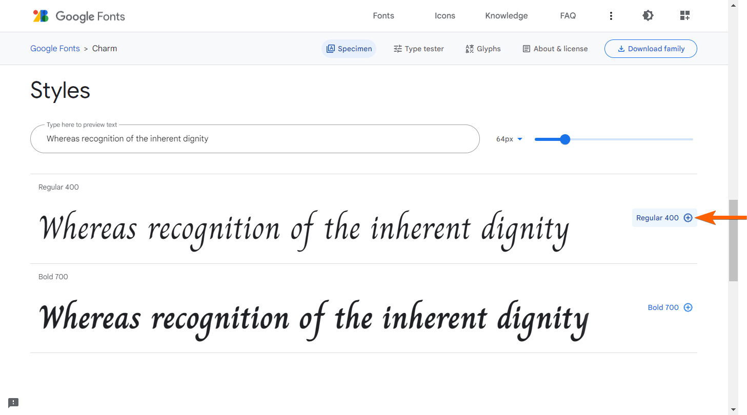 An arrow pointing to the "regular" font style in Google Fonts Screenshot 51 Screenshot 21