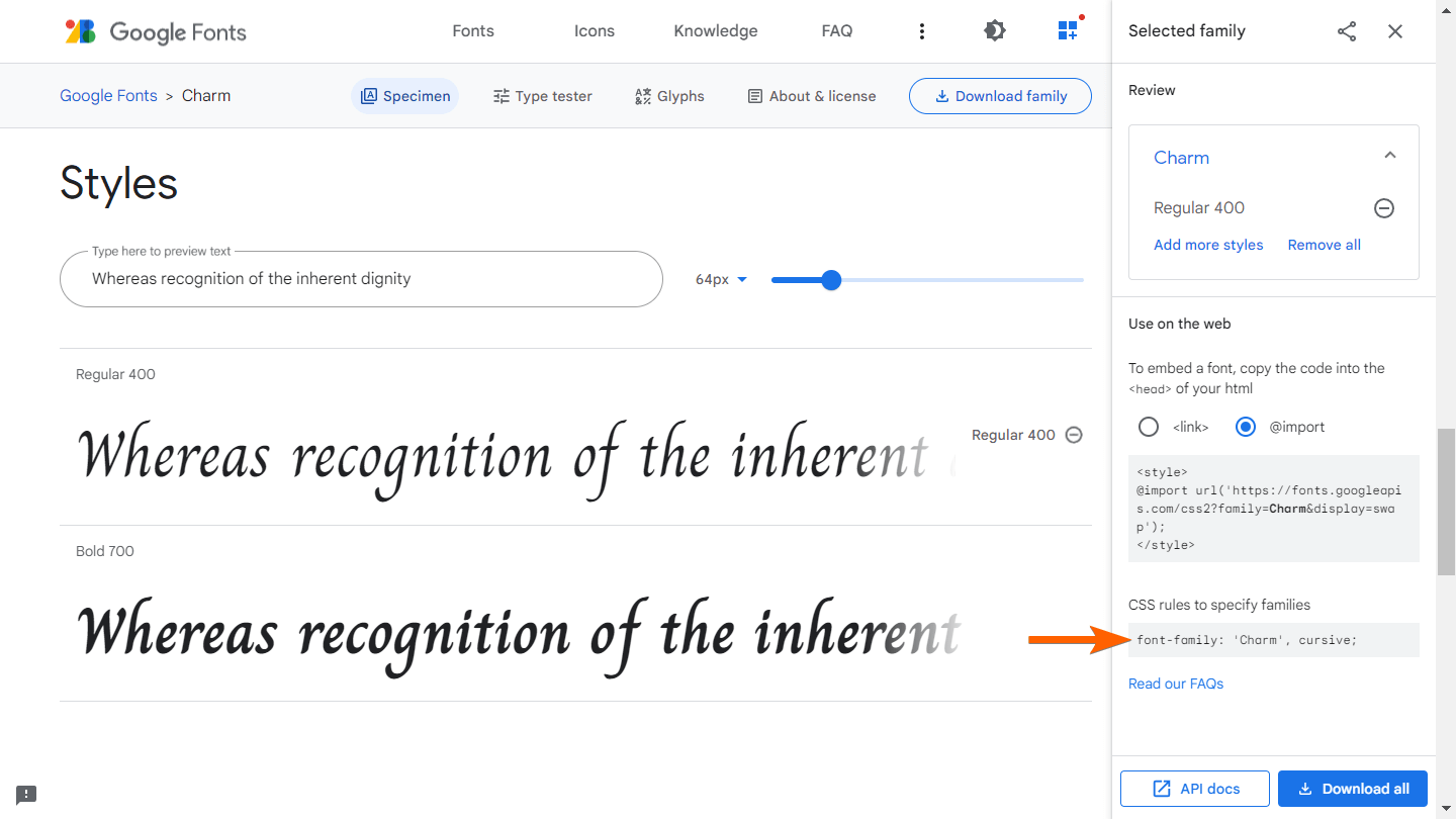 An arrow pointing to the font family CSS rule in Google Fonts Screenshot 106 Screenshot 76