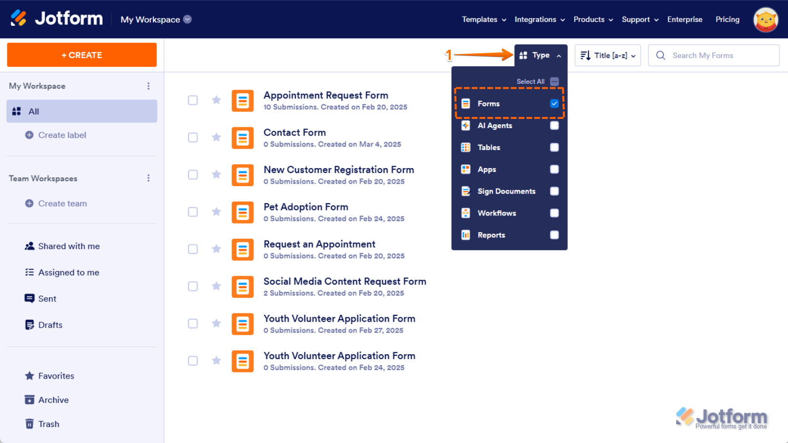 En la página Mi Espacio de Trabajo de Jotform, el menú desplegable 'Tipo' está abierto, con todas las opciones de activos desmarcadas excepto 'Formularios', mostrando solo formularios en la página
