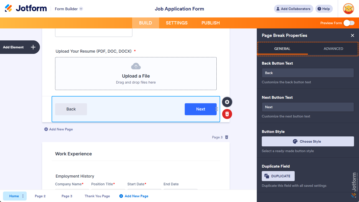 General and Advanced tabs of the Page Break Properties menu in Jotform Form Builder