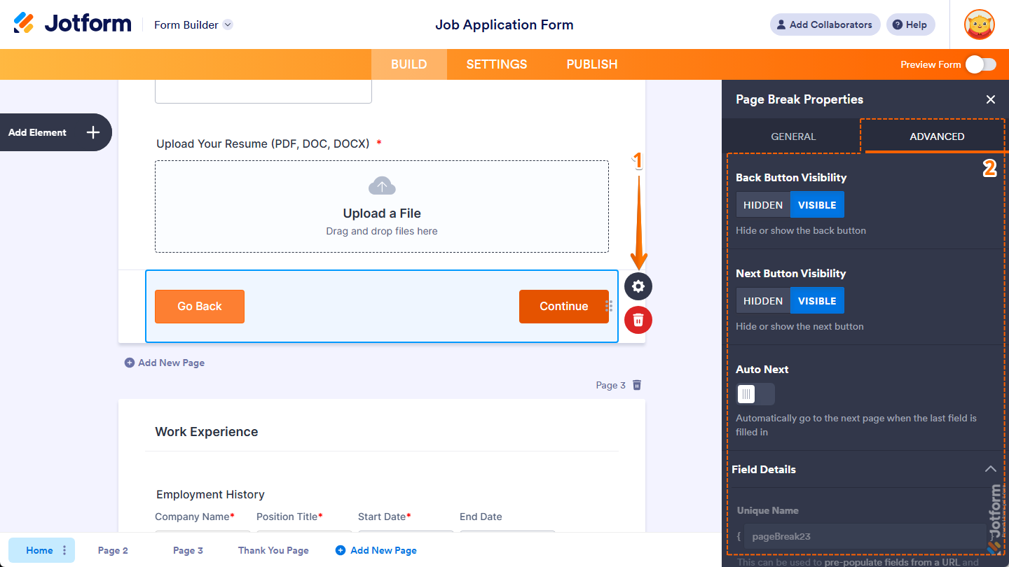 Different properties under the Advanced tab of the Page Break Properties menu in Jotform Form Builder