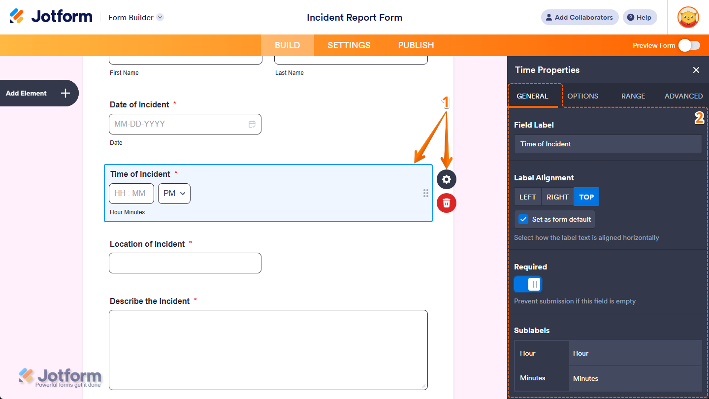 Different properties under the General tab of the Time Properties menu in Jotform Form Builder