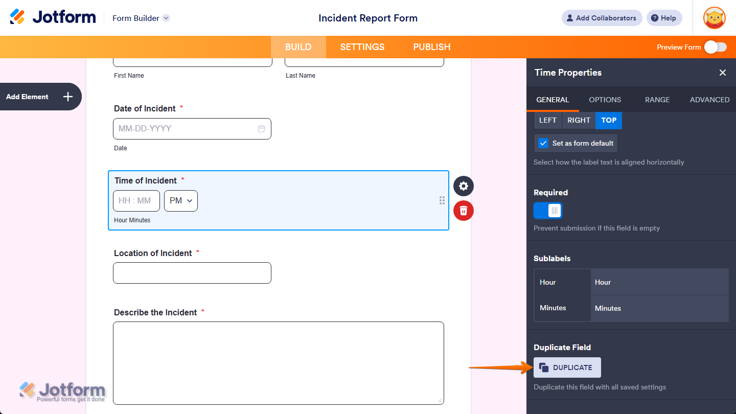 Duplicate property under the General tab of the Time Properties menu in Jotform Cards Form Builder