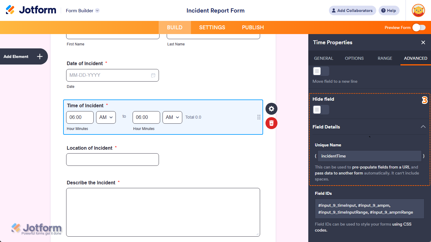 Other properties under the Advanced tab of the Time Properties menu in Jotform Form Builder