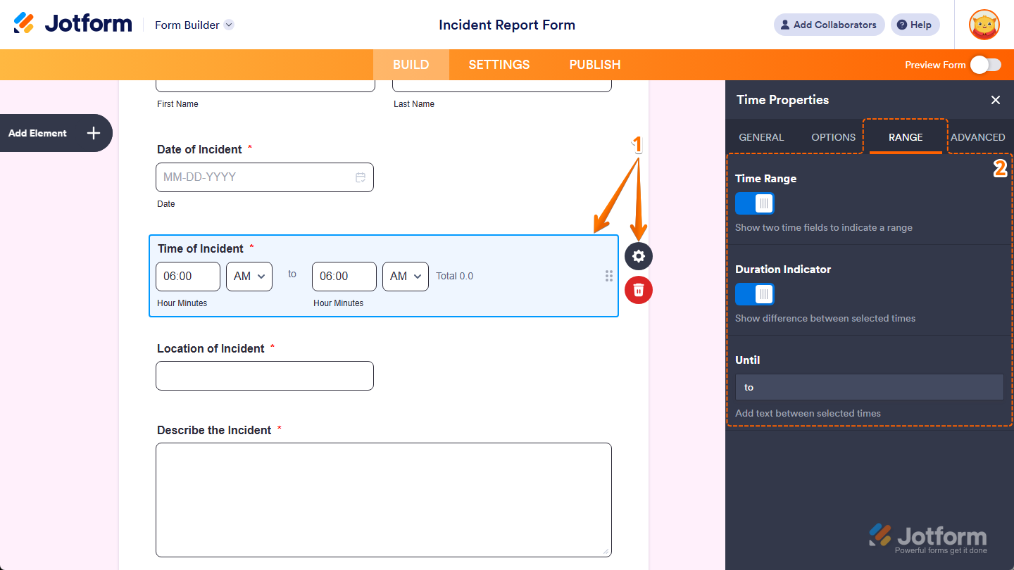 Different properties under the Range tab of the Time Properties menu in Jotform Form Builder
