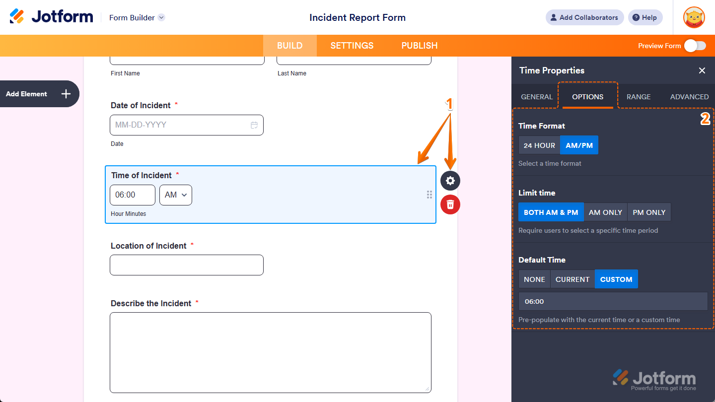 Different properties under the Options tab of the Time Properties menu in Jotform Form Builder