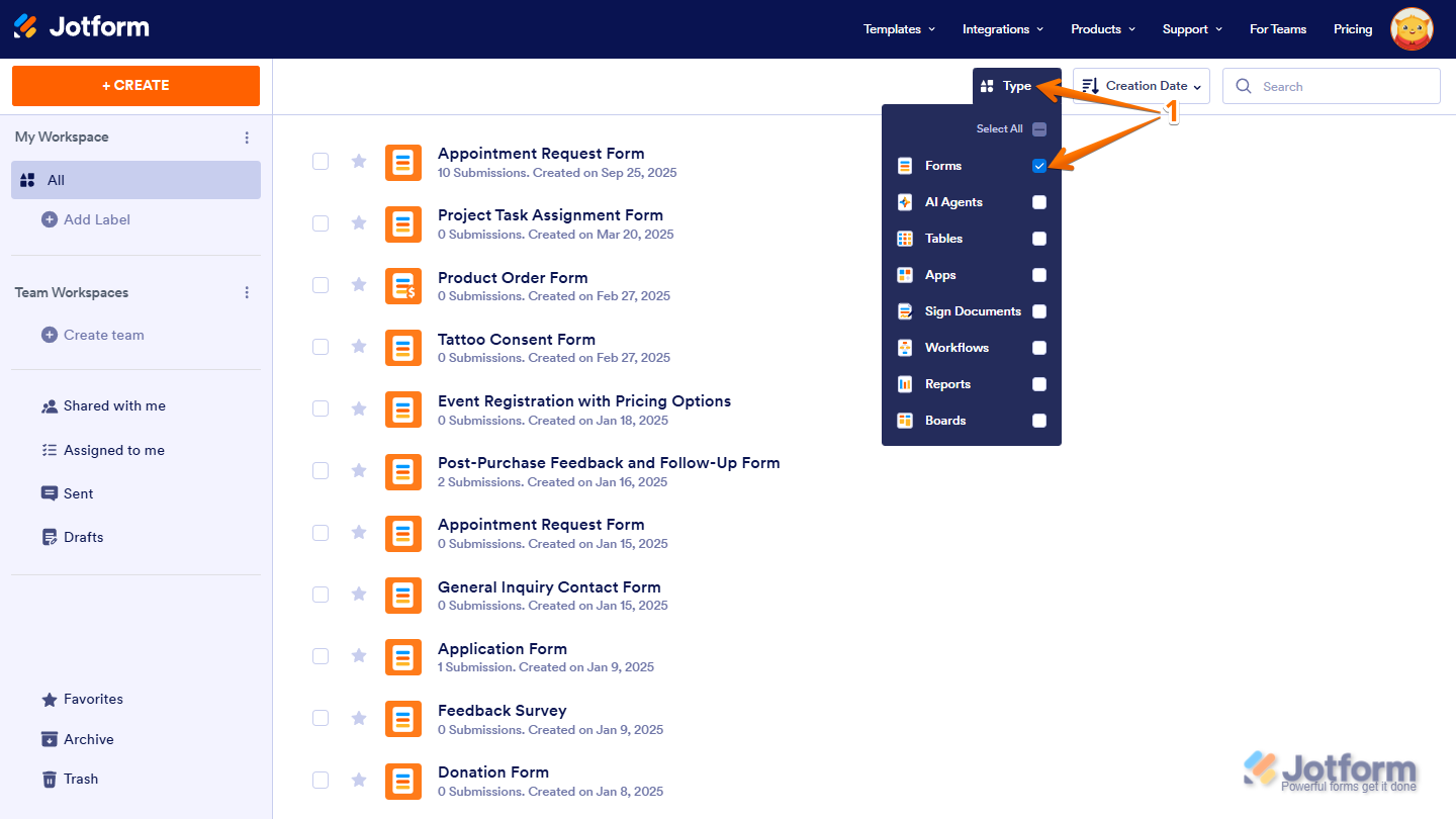 On the Jotform My Workspace page, the 'Type' dropdown menu is open, with all asset options unchecked except 'Forms,' showing only forms on the page