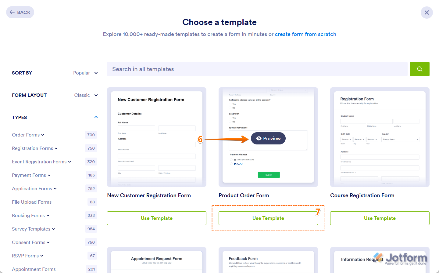 Jotform Templates Gallery showing a selected template with Preview and Use Template buttons, allowing users to review the template details or open it for editing and customization