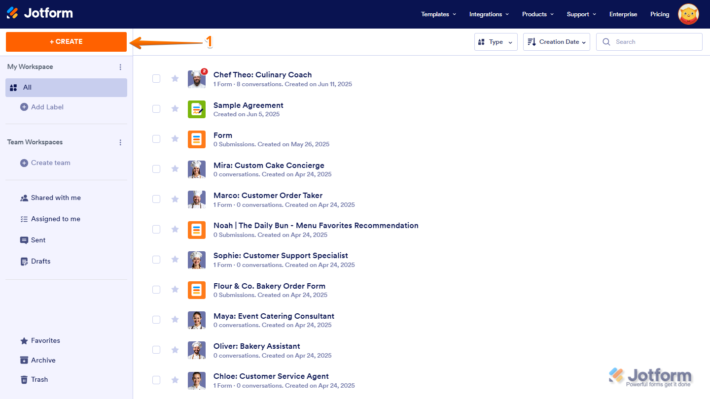 Create Button on Workspace Jotform