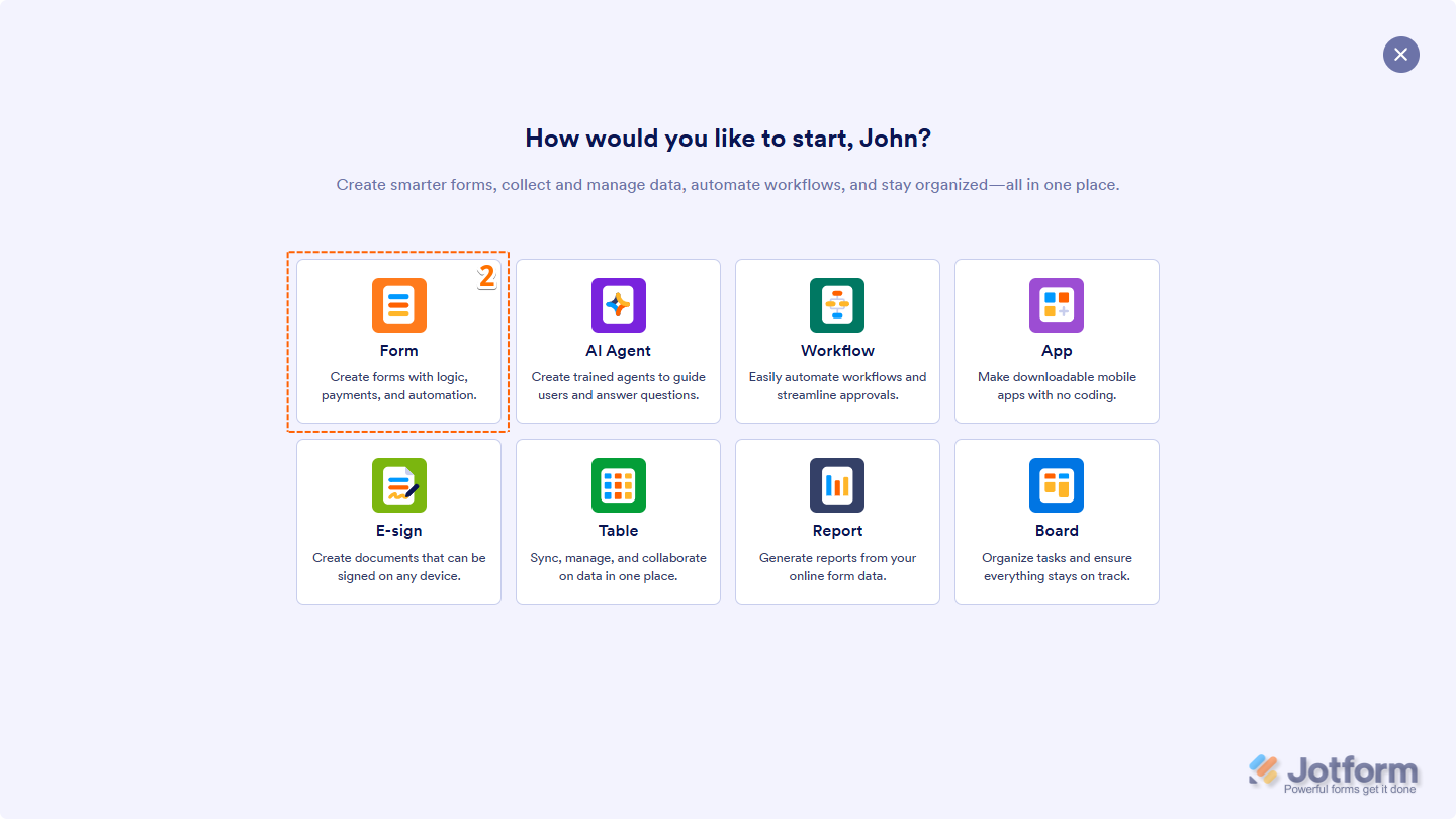 Create Form options on Workspace Jotform