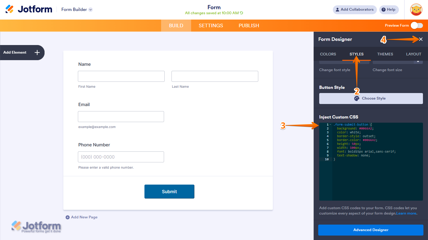 Form Designer panel in the Form Builder
