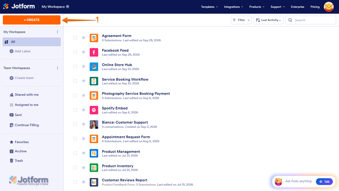 Jotform Workspace page with the Create button visible in the top-left corner for starting a new Jotform project