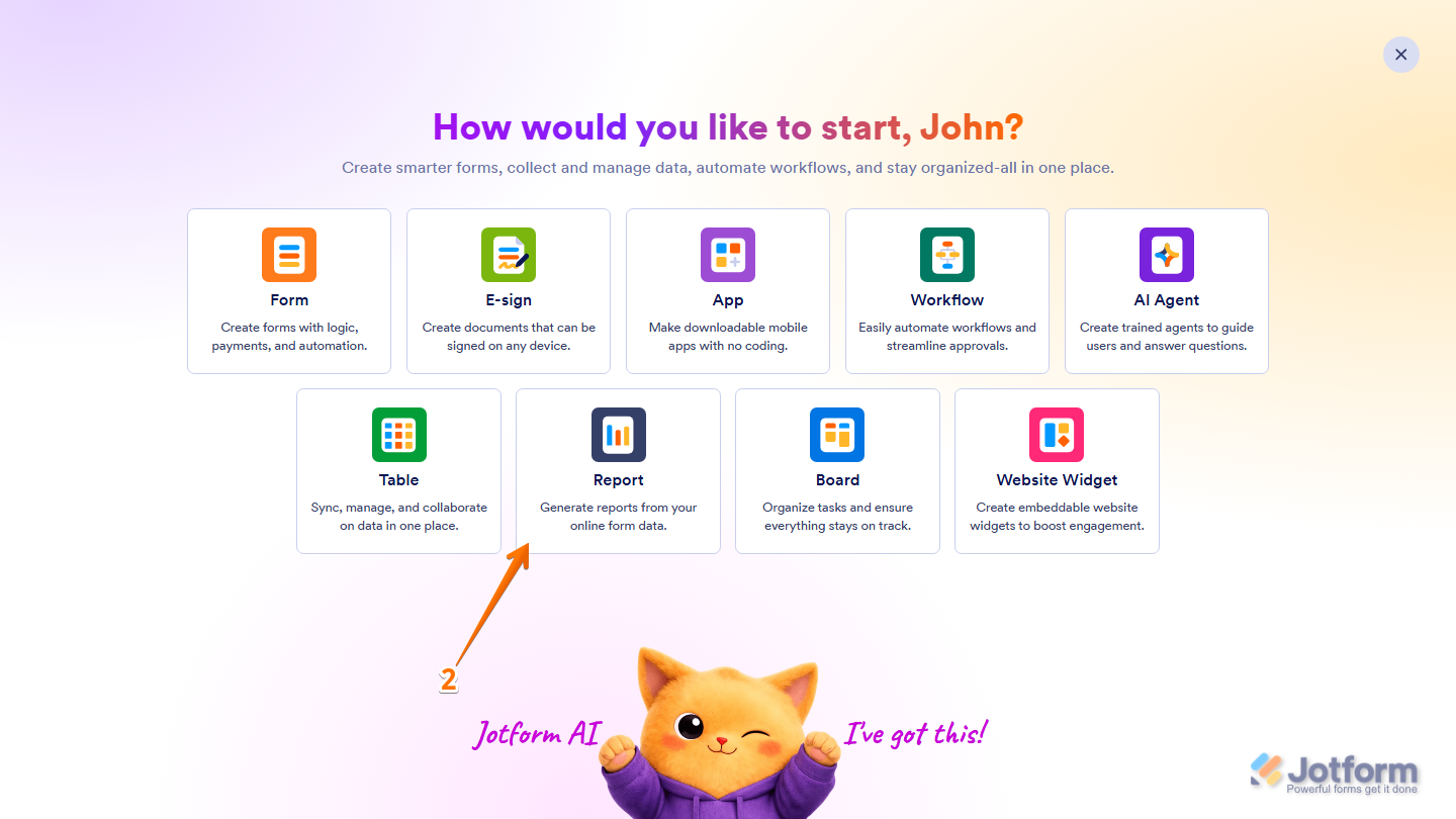 Jotform Workspace Create menu showing the Report option for creating a new report