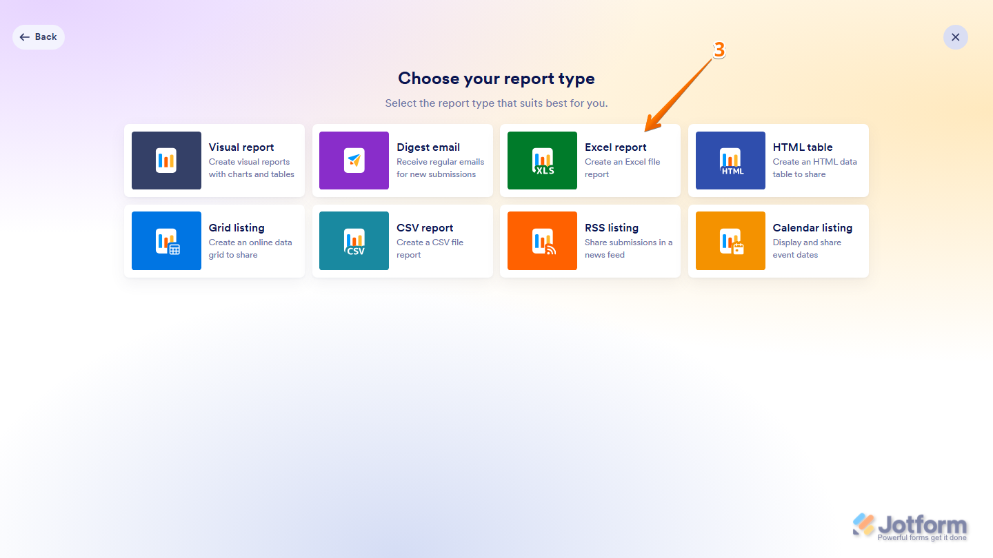 Jotform Choose Your Report Type page showing the Excel Report option for creating a report in Excel format