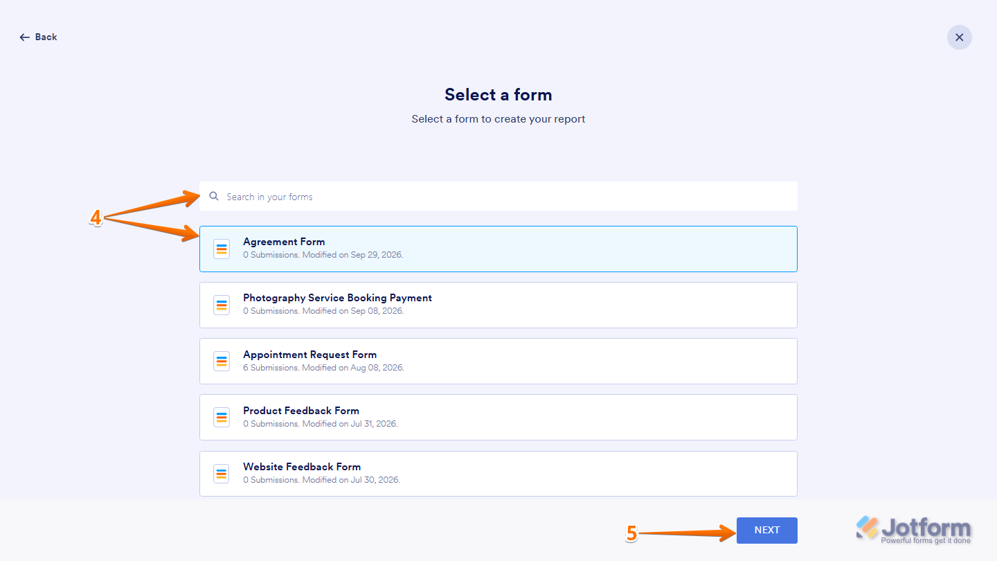Jotform Select a Form page showing a Search bar and list of available forms, with Agreement Form selected and the Next button available to continue creating an Excel Report