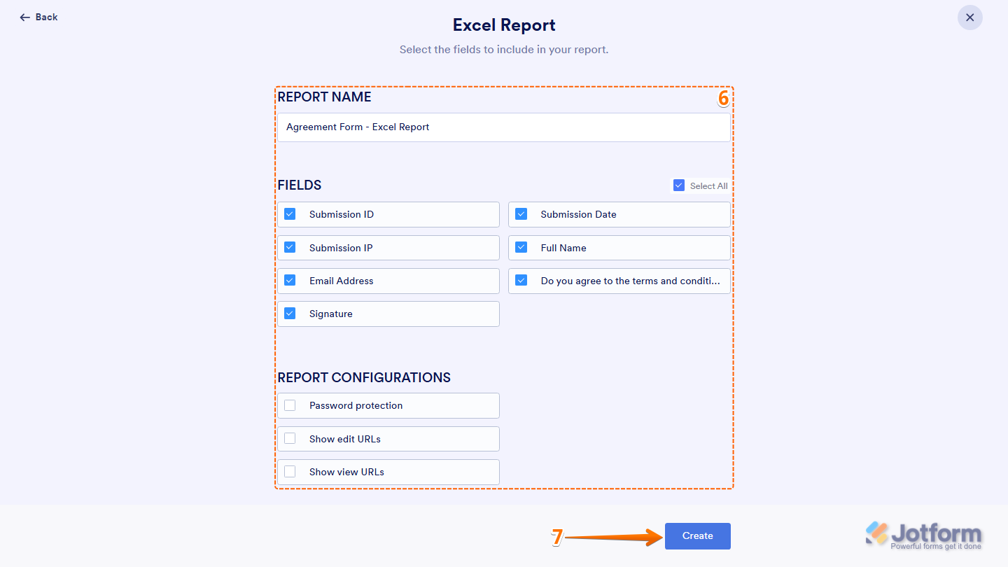 Jotform Excel Report setup page showing options for Report Name, Fields, Select All, Report Configurations, Password Protection, Show Edit URLs, and Show View URLs, with the Create button at the bottom