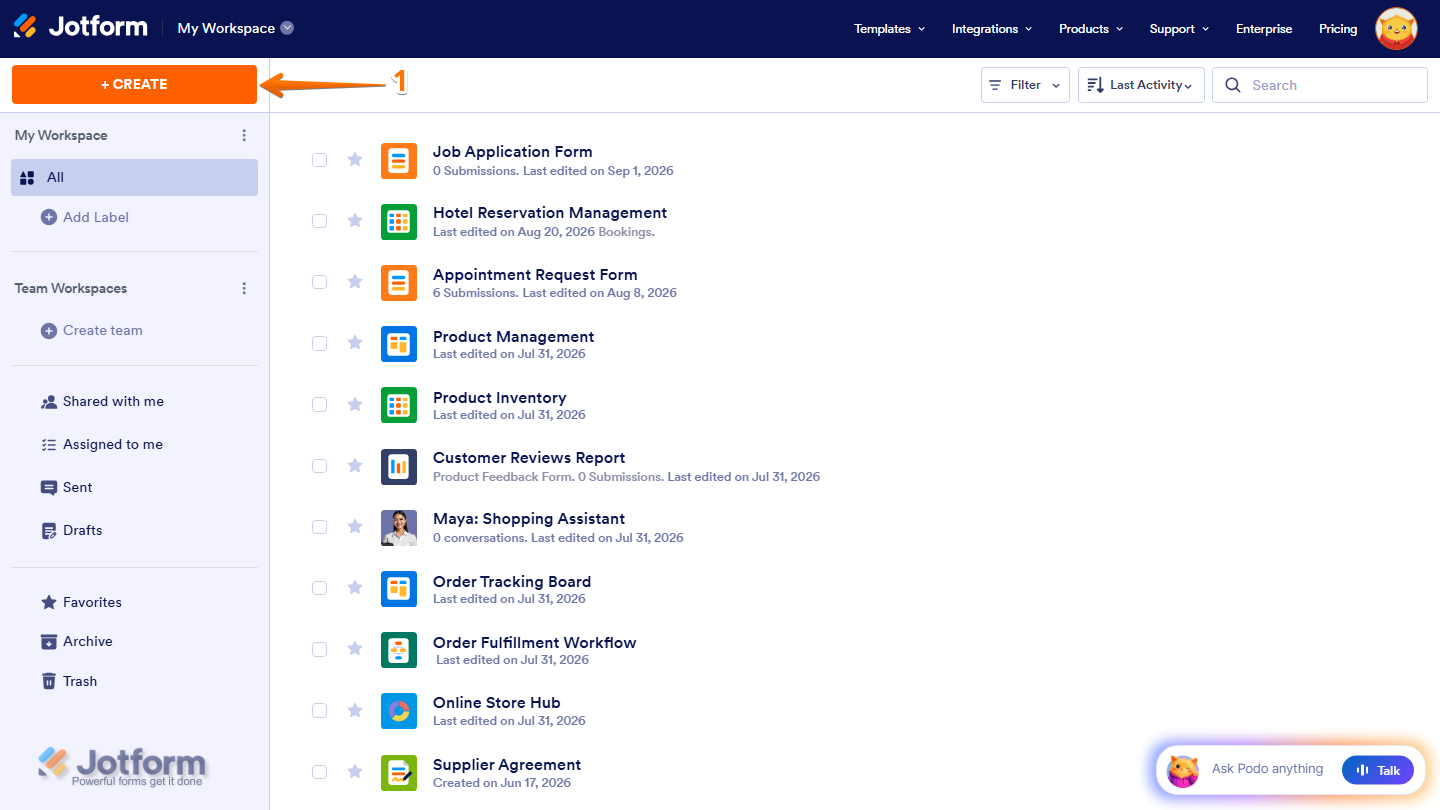 Jotform Workspace page with the Create button highlighted in the top-left corner for starting a new Jotform project