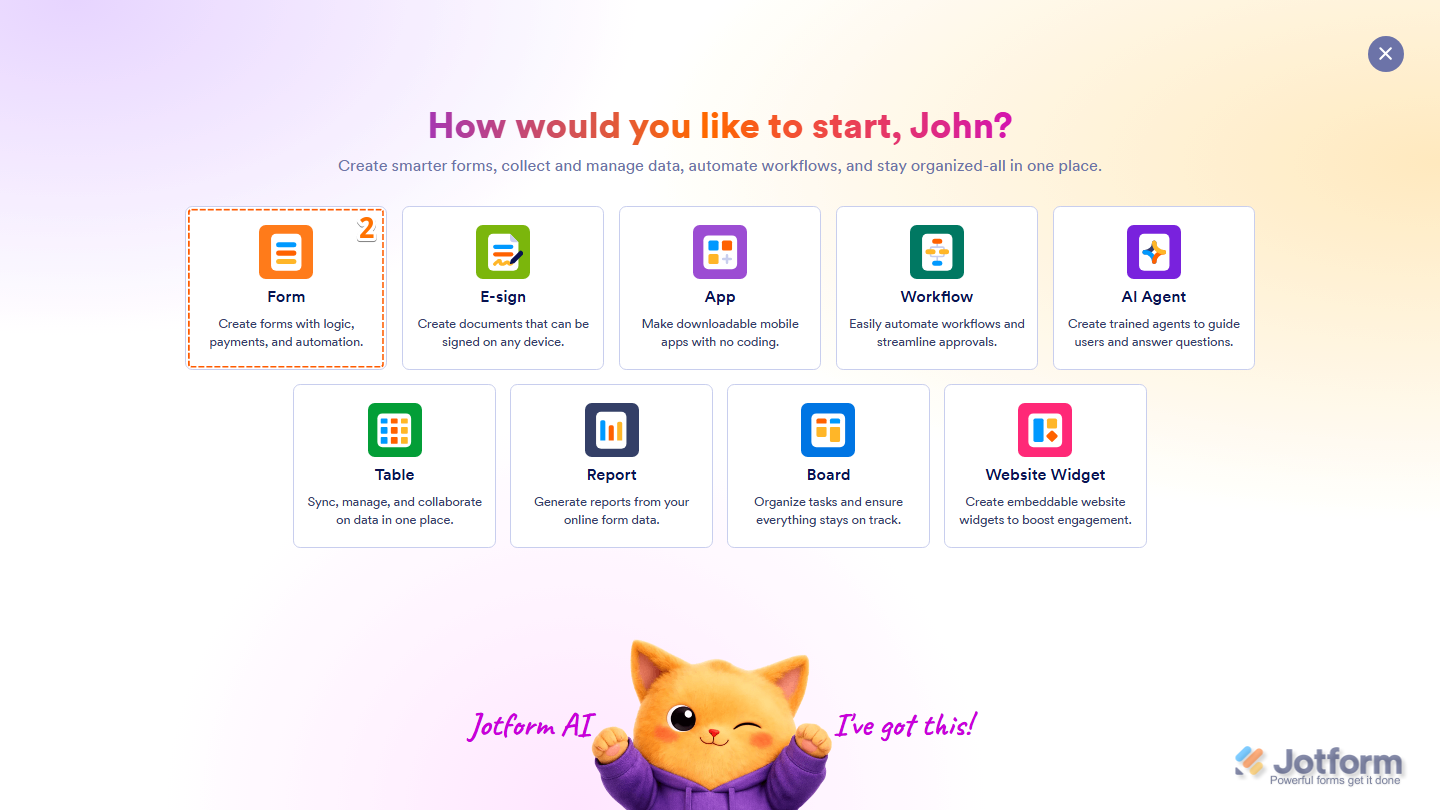 Jotform Workspace Create menu showing the Form option for starting a new form