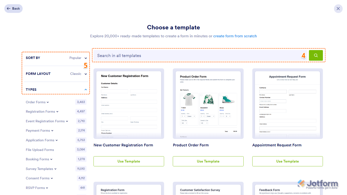 Jotform Templates Gallery showing a Search box and left-side filtering options for Sort By, Form Layout, and Type, helping users find and organize templates by popularity, trend, recency, layout, or form type