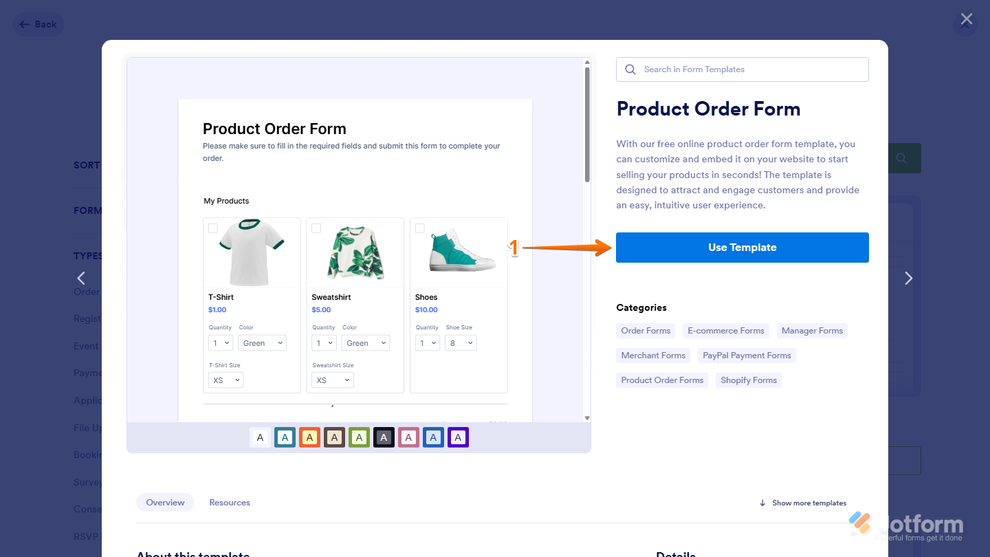 Jotform Template Preview window displaying the selected form template with the Use Template button available to begin creating and customizing the form